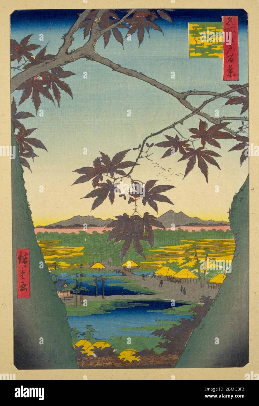 [ 1850s Japan - Autumn in Edo ] —   Autumnal view on Tekona Shrine and the Edogawa River in Edo (current Tokyo), 1857 (Ansei 4).  This woodblock print is image 94 in One Hundred Famous Views of Edo (名所江戸百景, Meisho Edo Hyakkei), a series created by ukiyoe artist Utagawa Hiroshige (歌川広重, 1797–1858).  It is one of 26 autumn scenes in the series.  Title: The Maple Trees at Mama, the Tekona Shrine and Tsugihashi Bridge (真間の紅葉手古那の社継はし, Mama no momiji Tekona no yashiro Tsugihashi)  19th century vintage Ukiyoe woodblock print. Stock Photo