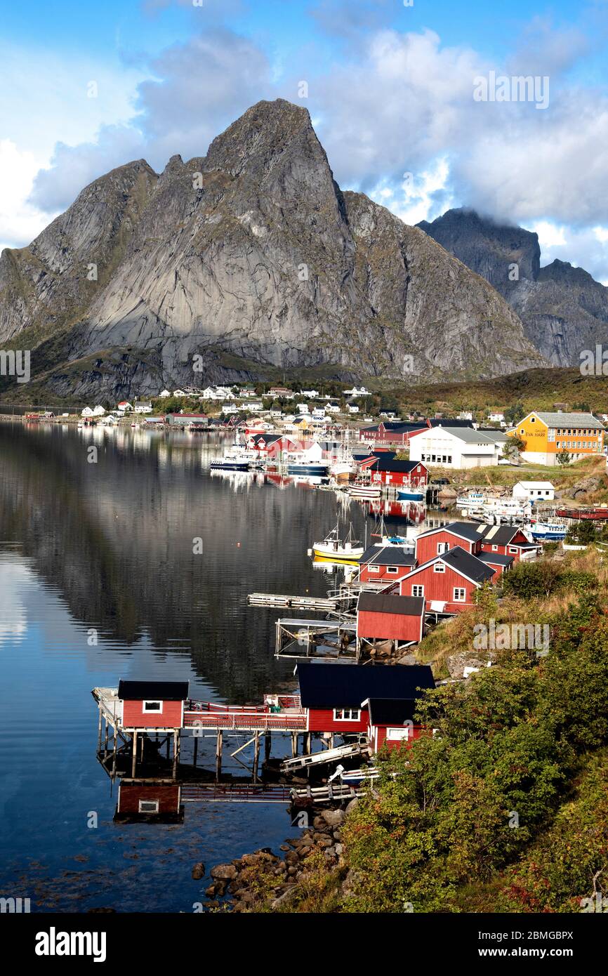 The village of Reine on the coast of Moskenesoya, Lofoten Islands, Norway. Stock Photo