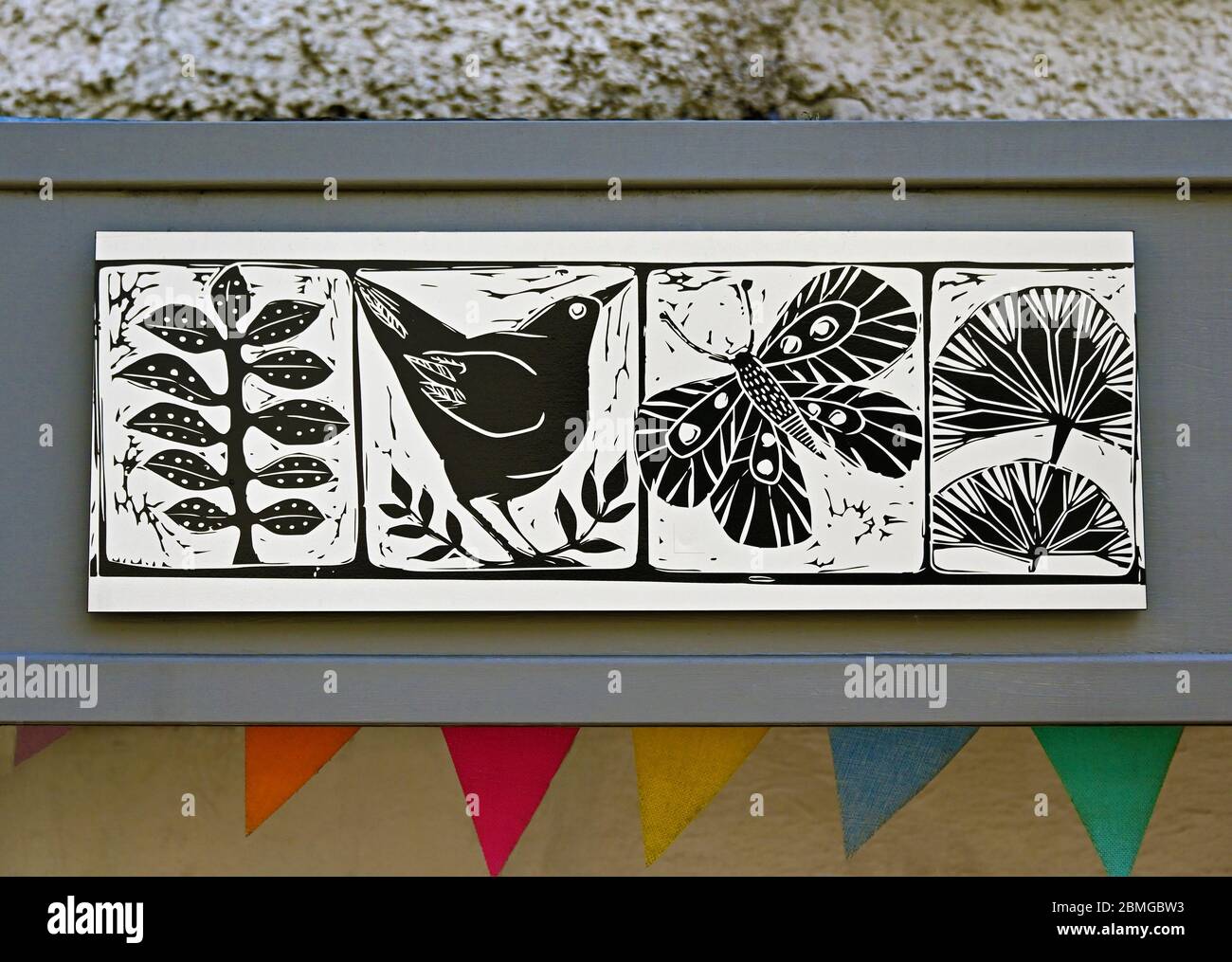 Decorative panel. The La'al Studio Gallery. Yard 135,  Highgate, Kendal, Cumbria, England, United Kingdom, Europe. Stock Photo