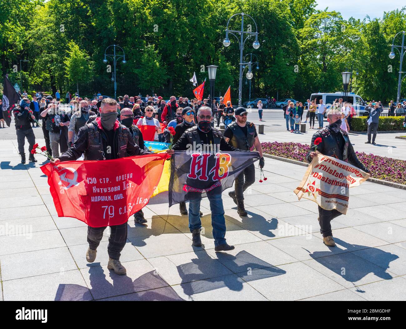 Members of the Night Wolves Russian motorcycle club gather at Soviet war memorial in Tiergarten, Berlin to mark the 75th anniversary of the victory over Nazi Germany Stock Photo