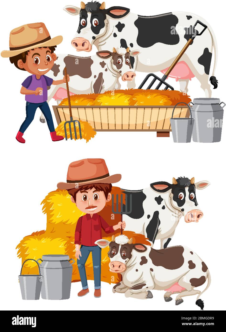 Farmers and cow on white background illustration Stock Vector Image ...