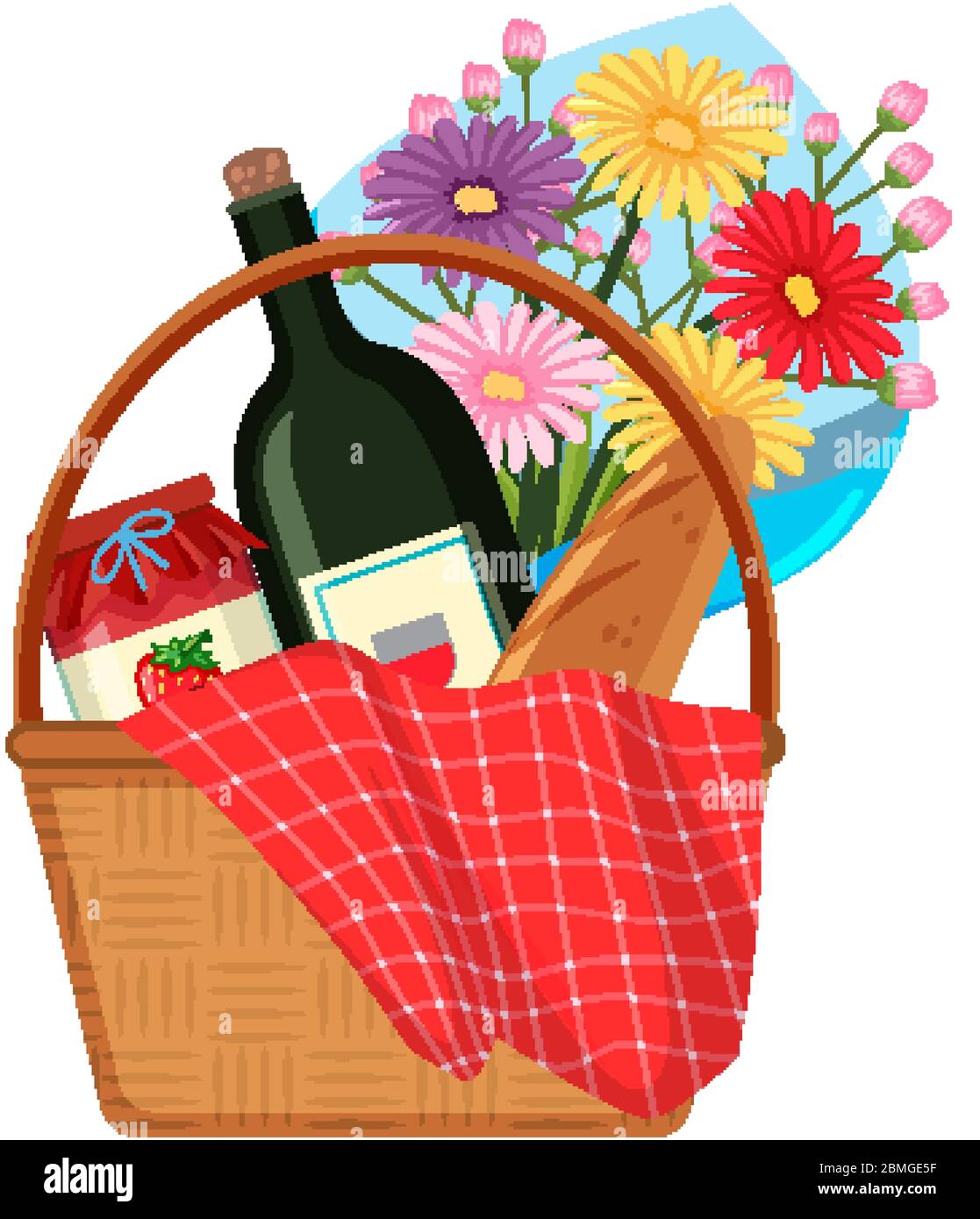 Picnic basket with flowers and food on white background illustration