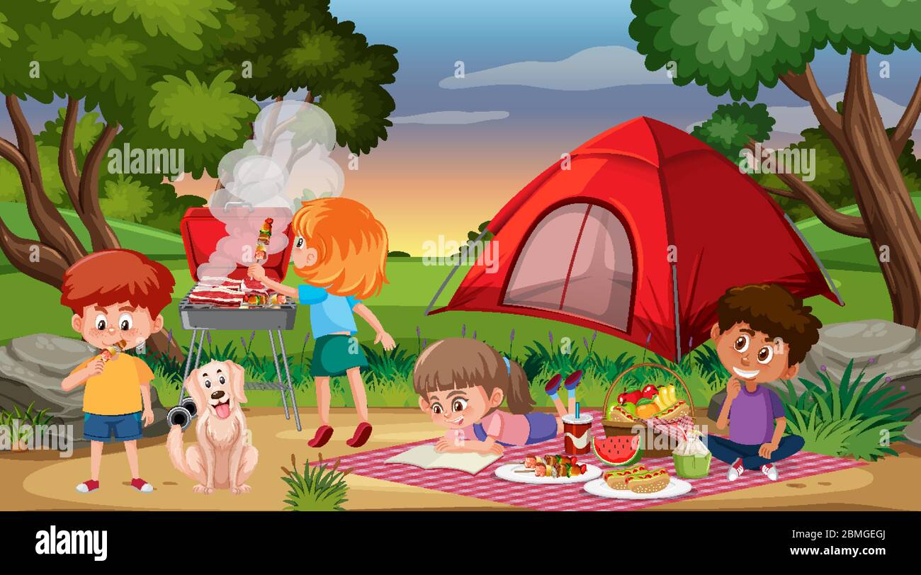 Scene with happy children camping and having picnic in the park