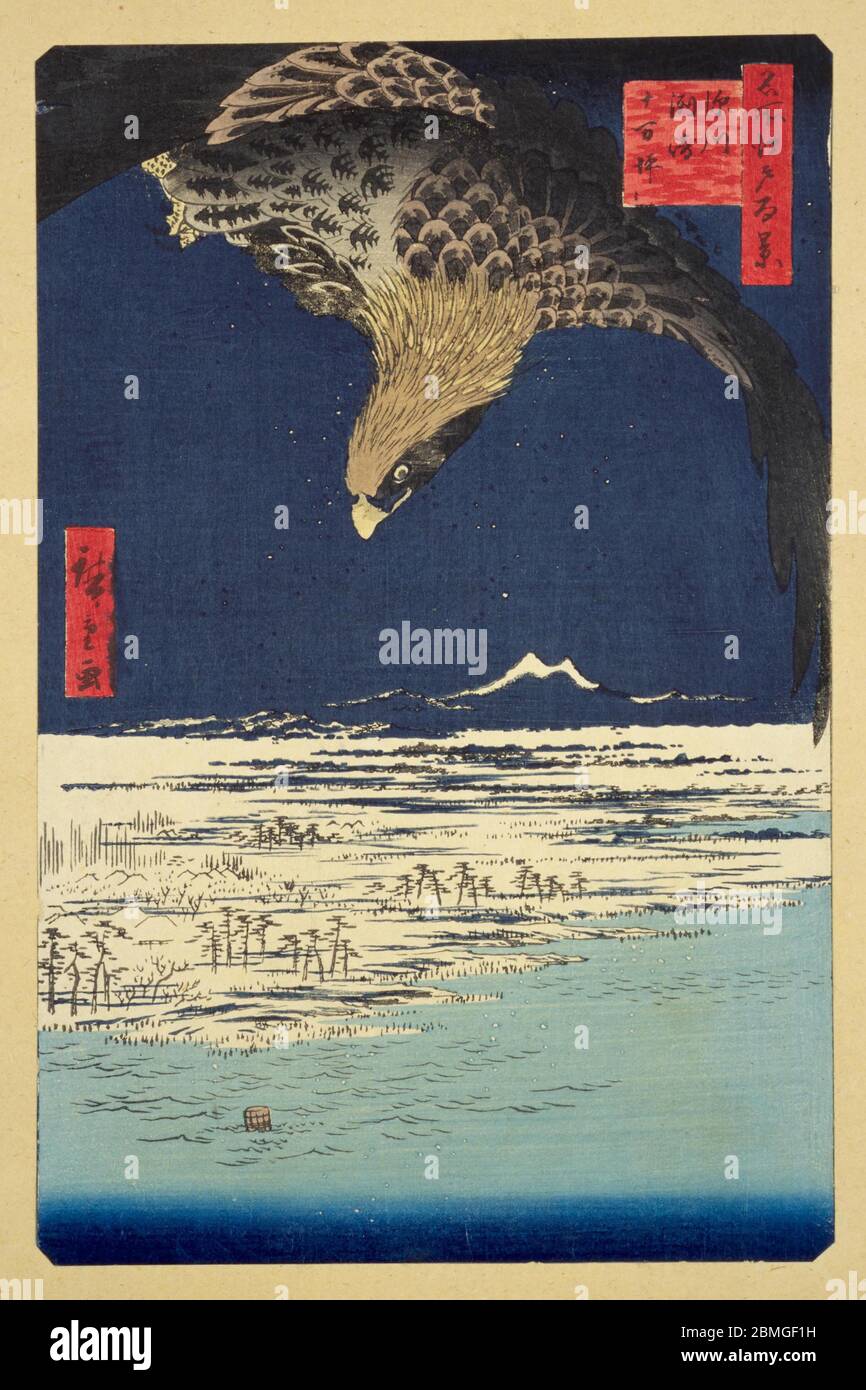 [ 1850s Japan - Eagle Diving for Prey ] —   An eagle flies over the snow covered marshes of Jumantsubo, also known as Susaki, in Edo (current Tokyo), 1857.   In 1888, the brothels from Nezu were relocated here and the place eventually became known as Susaki Paradise, one of Tokyo’s best known red light districts.  This woodblock print is image 107 in One Hundred Famous Views of Edo (名所江戸百景, Meisho Edo Hyakkei), a series created by ukiyoe artist Utagawa Hiroshige.  Title: Fukagawa Susaki and Jumantsubo (深川州崎十万坪, Fukagawa Susaki Jumantsubo)  19th century vintage Ukiyoe woodblock print. Stock Photo