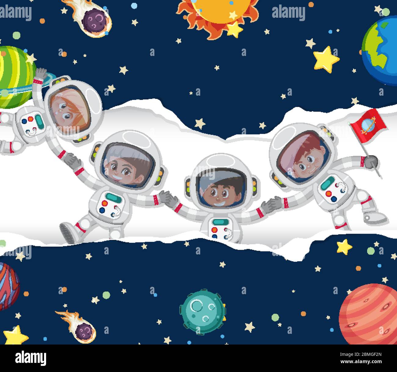 Scene with many astronauts in the space background illustration Stock Vector