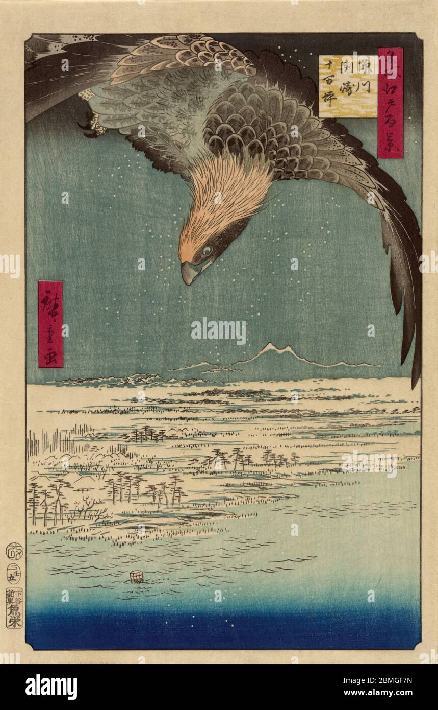 [ 1850s Japan - Eagle Diving for Prey ] —   An eagle flies over the snow covered marshes of Jumantsubo, also known as Susaki, in Edo (current Tokyo), 1857.   In 1888, the brothels from Nezu were relocated here and the place eventually became known as Susaki Paradise, one of Tokyo’s best known red light districts.  This woodblock print is image 107 in One Hundred Famous Views of Edo (名所江戸百景, Meisho Edo Hyakkei), a series created by ukiyoe artist Utagawa Hiroshige.  Title: Fukagawa Susaki and Jumantsubo (深川州崎十万坪, Fukagawa Susaki Jumantsubo)  19th century vintage Ukiyoe woodblock print. Stock Photo