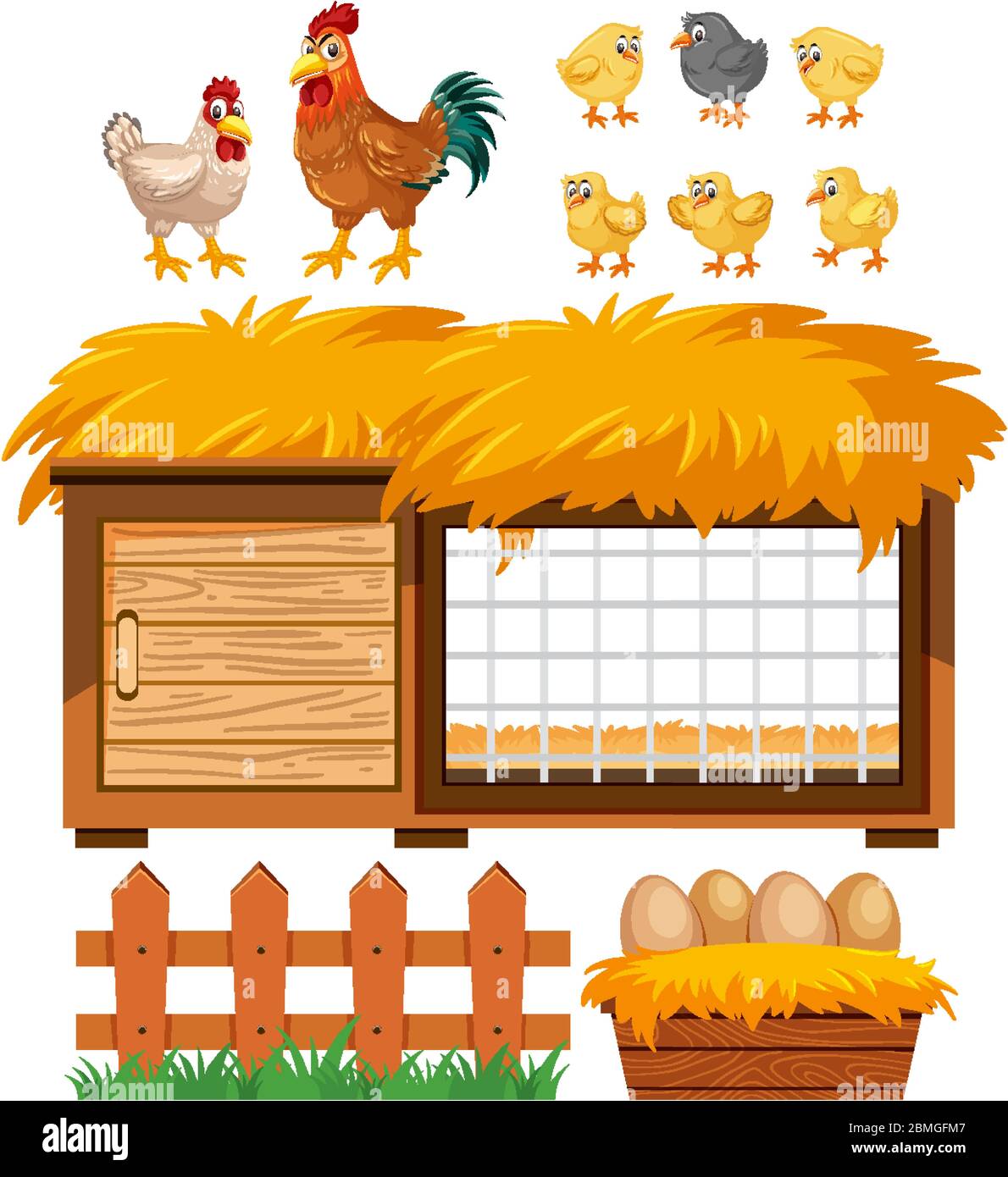 Chicken coop and many chickens on white background illustration Stock