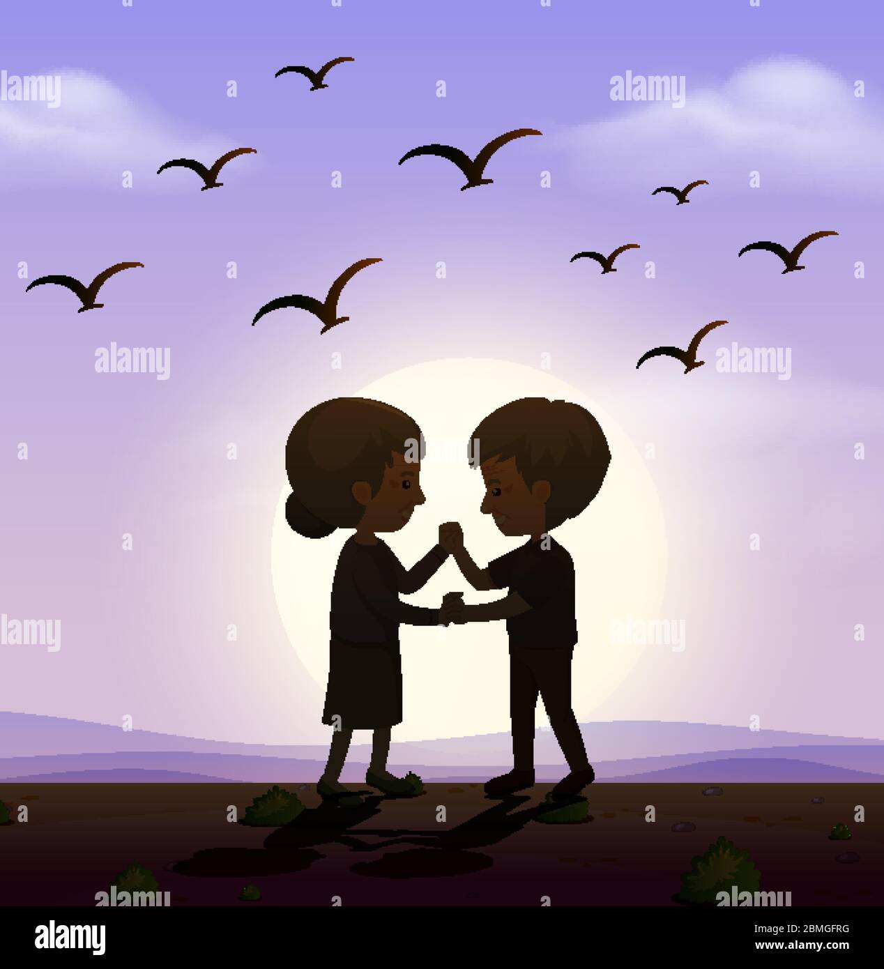 Scene with man and woman holding hands in the park illustration Stock Vector