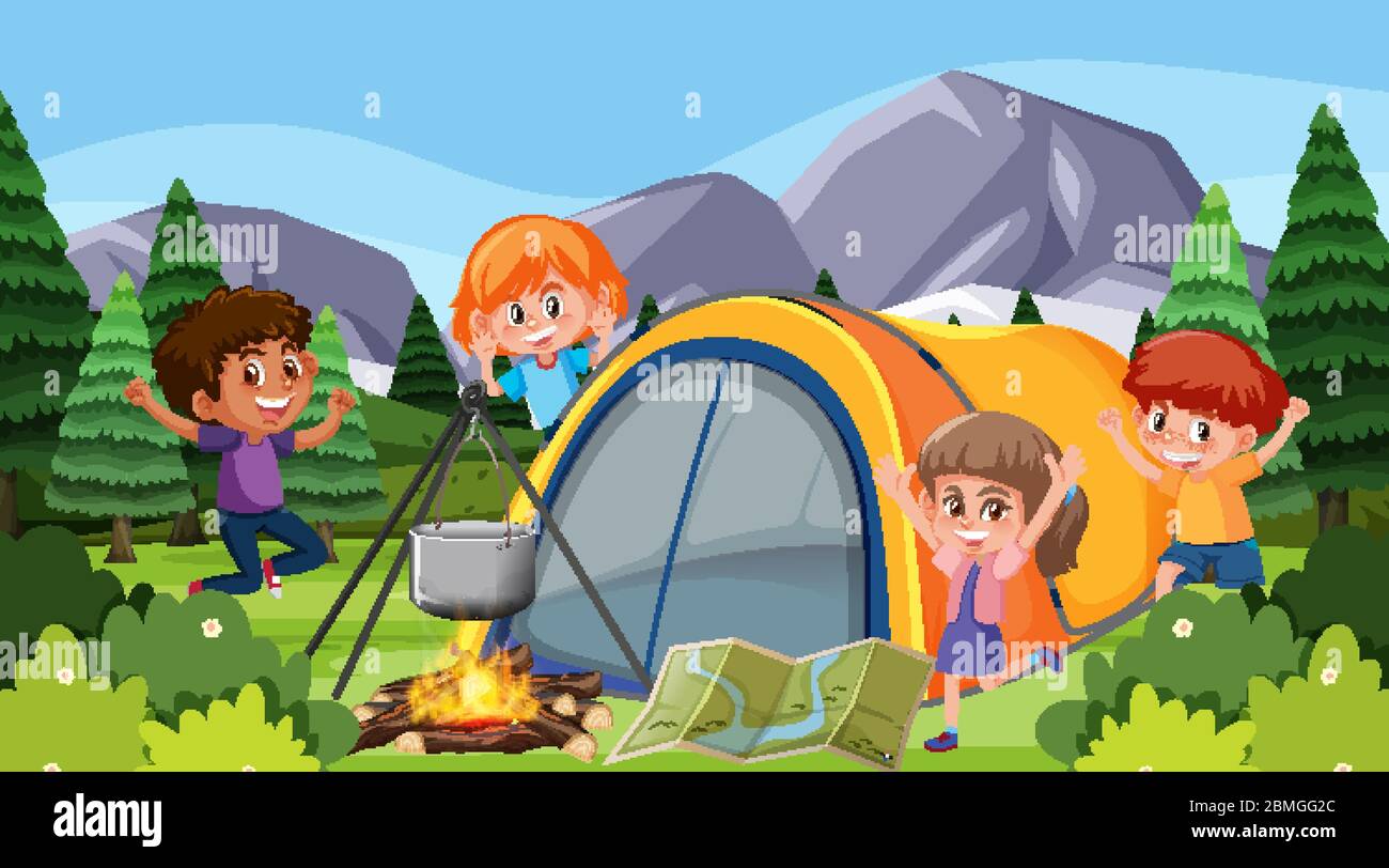 Scene with happy children camping in the park illustration Stock Vector ...