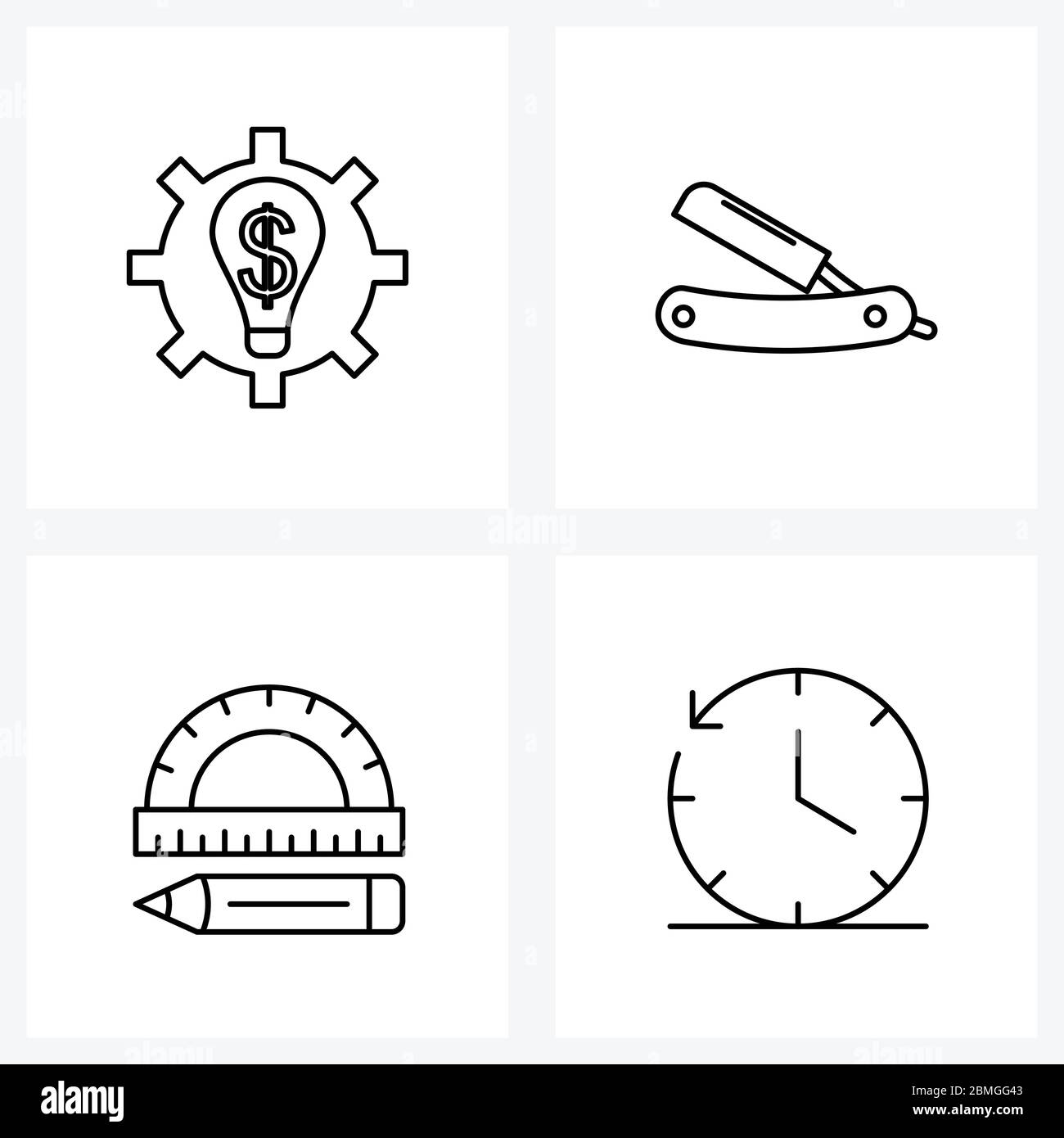 Stock Vector Icon Set of 4 Line Symbols for gear, d, bulb, razor