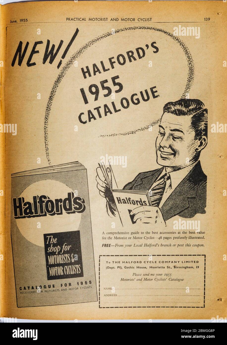 Black and white advert for Halfords Catalogue in the June 1955 issue of Practical Motorist and Motor Cyclist magazine Stock Photo