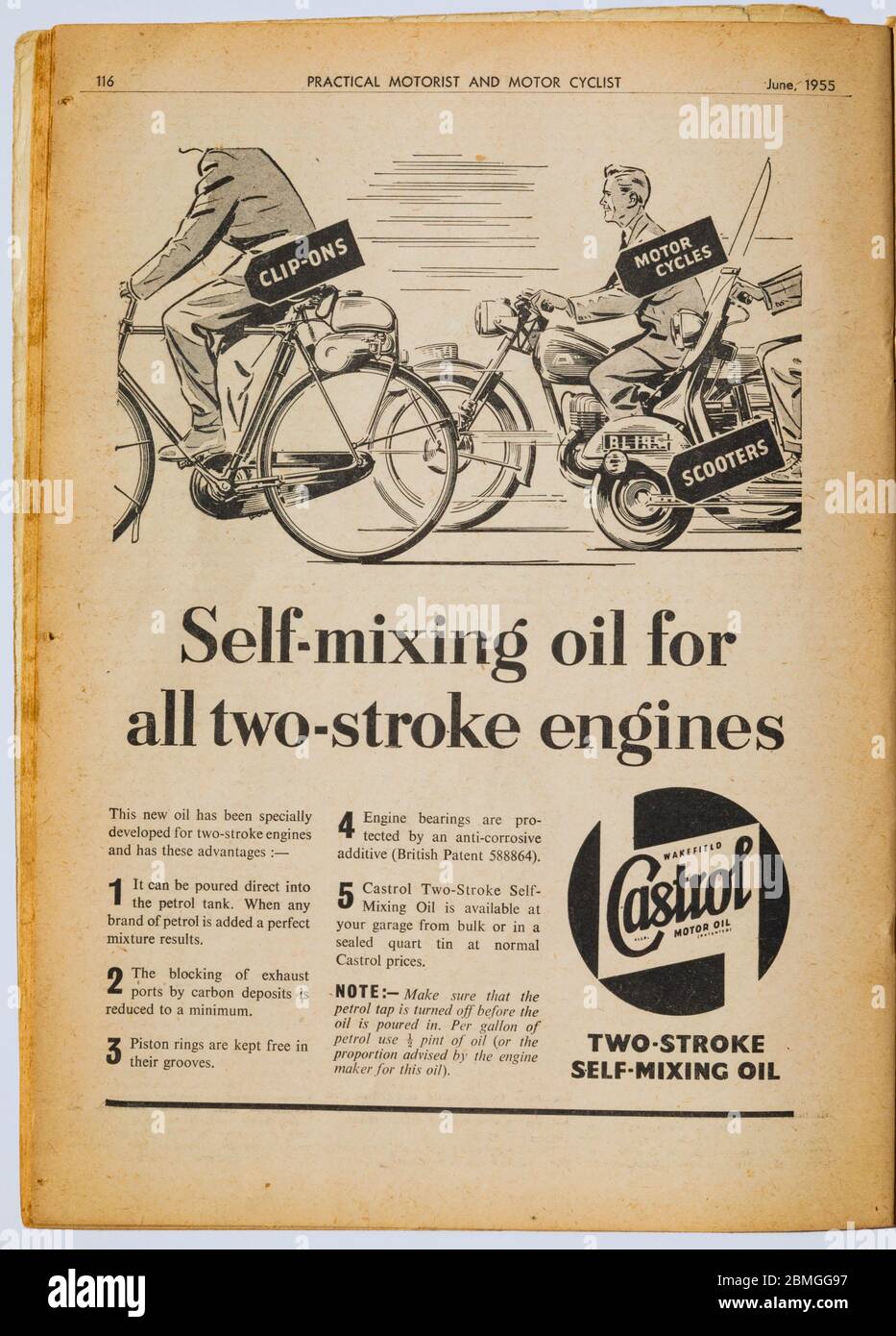 Black and white advert for Castrol two stroke self mixing oil in the June 1955 issue of Practical Motorist and Motor Cyclist magazine Stock Photo