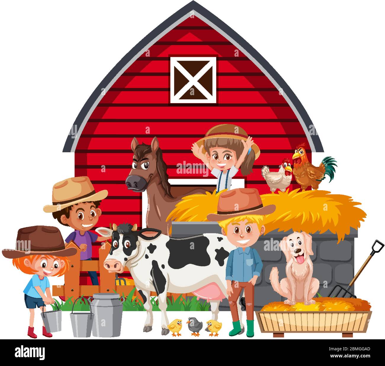 Scene with farmers and many animals on the farm illustration Stock ...