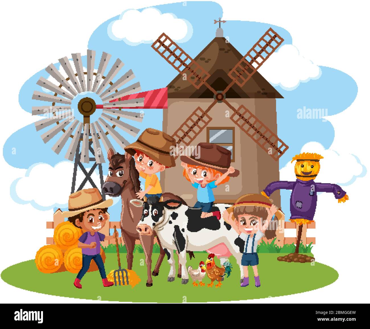 Scene with many children and animals on the farm illustration Stock ...