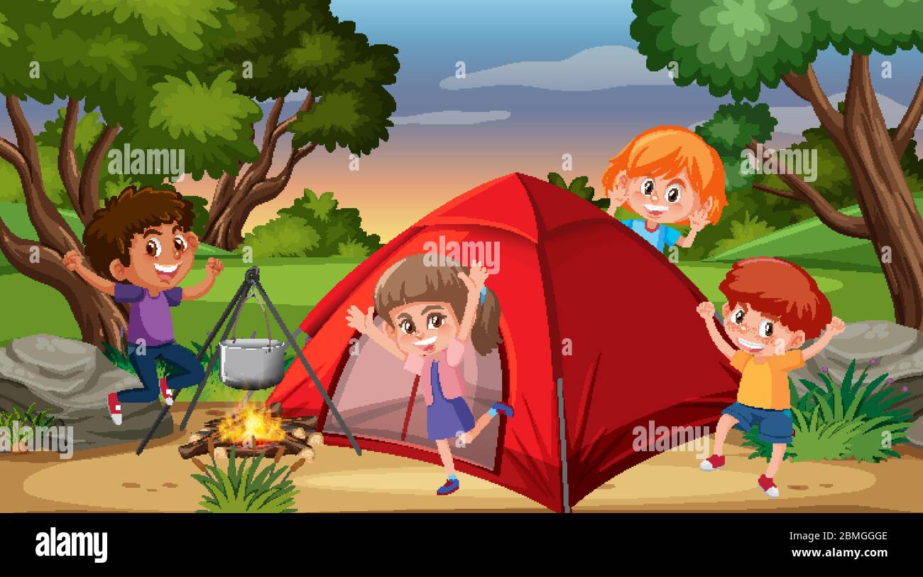 Scene with happy kids camping in the woods illustration Stock Vector ...