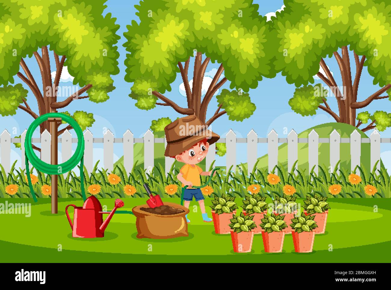 Background scene with boy planting trees in the park illustration Stock ...