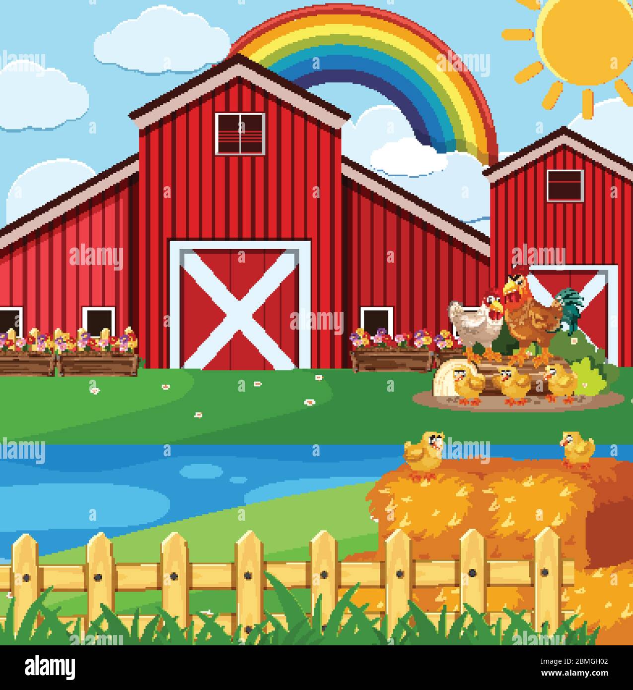 Farm scene with many chickens on the farm illustration Stock Vector ...