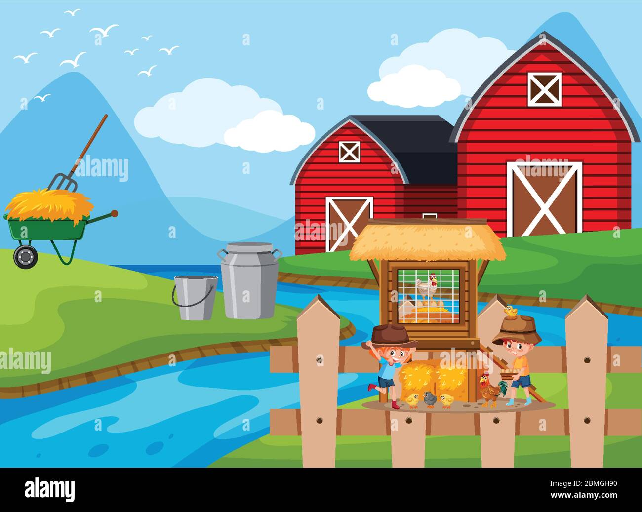 Farm scene with two children feeding chickens on the farm illustration ...