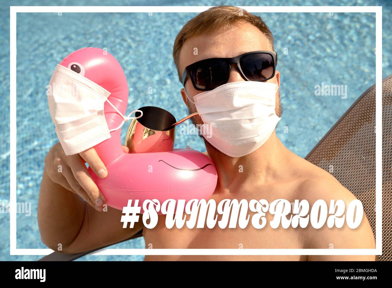 Caucasian white male near to a swimming pool with a toy flamingo in a medical face mask. Concept of Coronavirus outbreak impact on a travel industry f Stock Photo