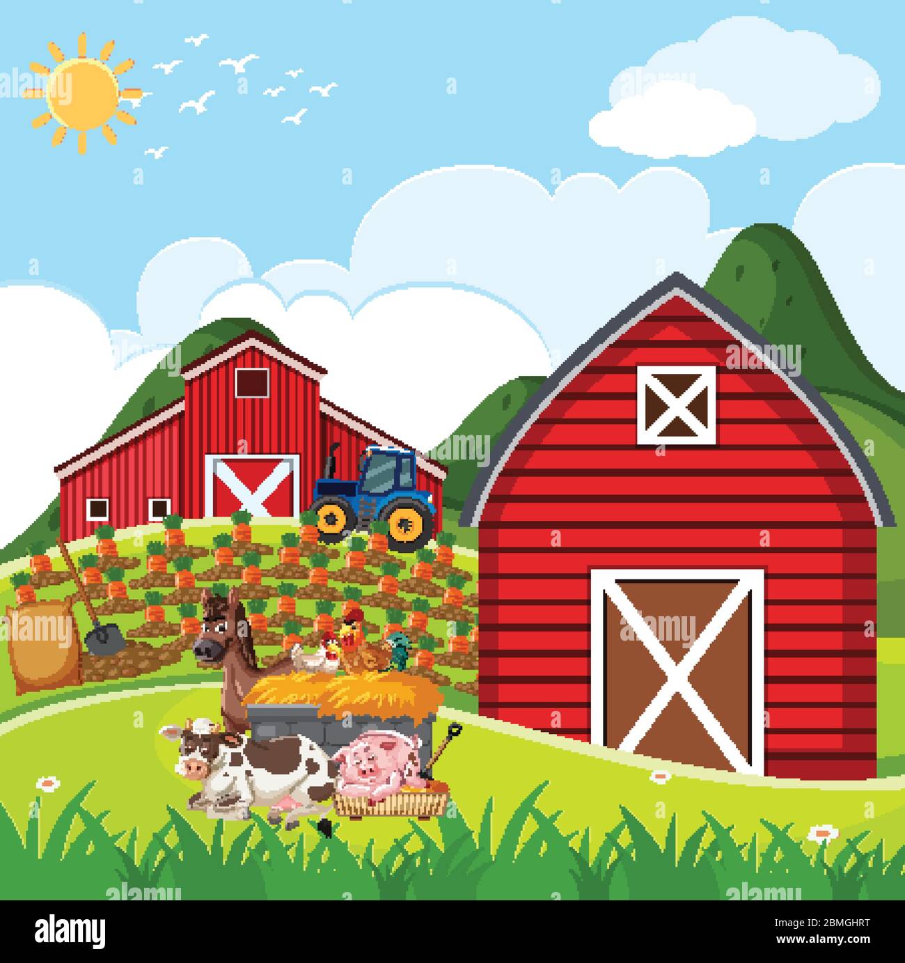 Farm scene with many animals on the farm illustration Stock Vector ...
