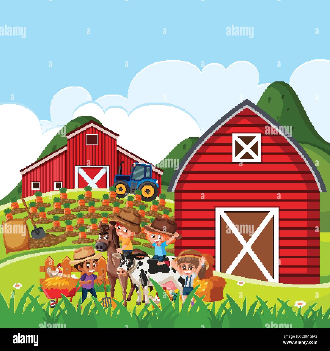 Farm scene with many children and animals on the farm illustration ...