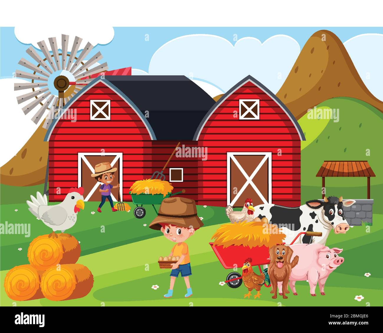 Farm scene with happy children and animals on the farm illustration ...
