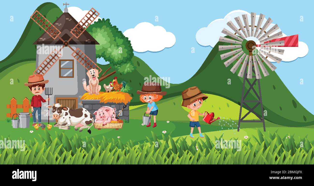Farm scene with many kids and animals on the farm illustration Stock ...