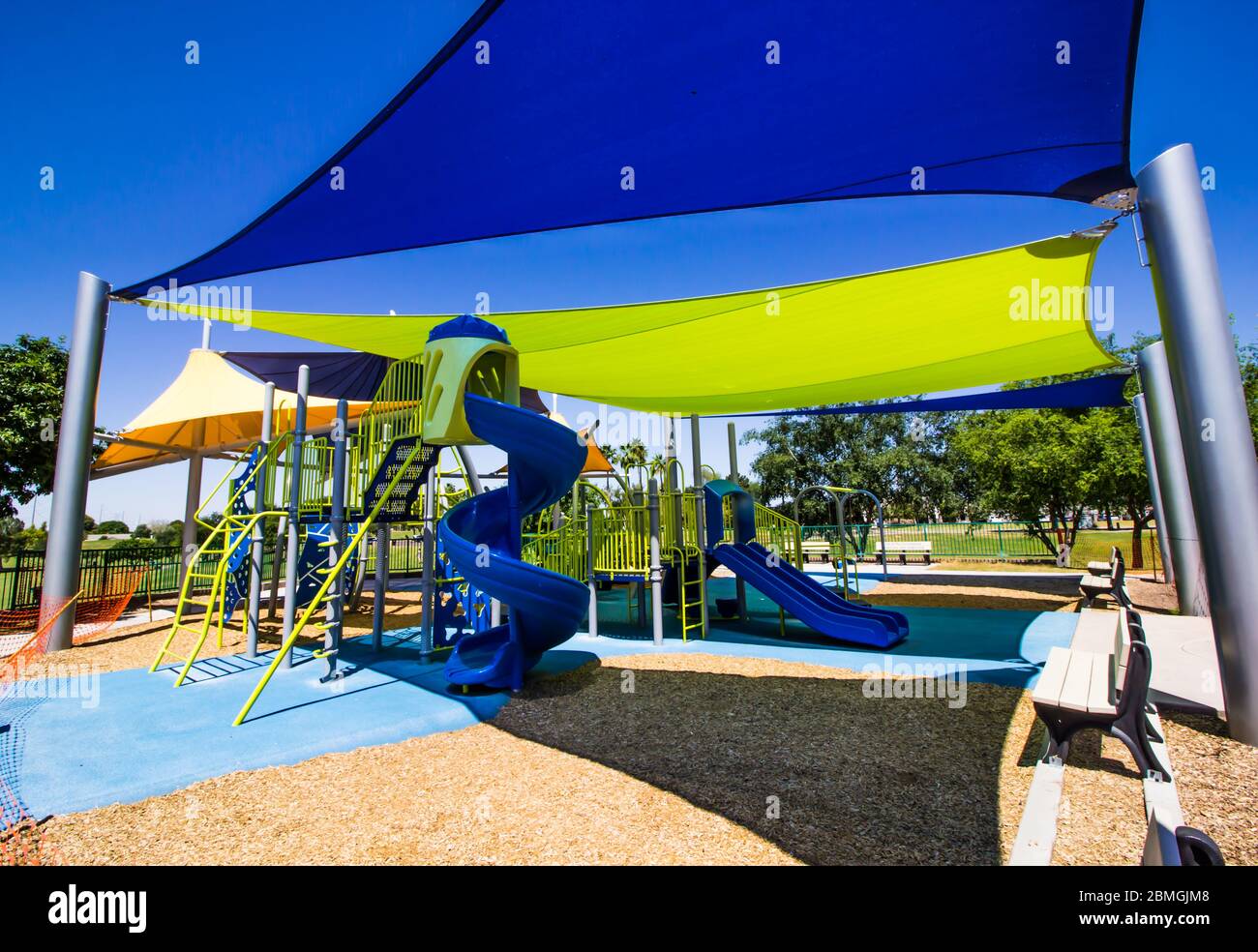 Colorful Shade Canopies Covering Kids Playground Equipment Stock Photo