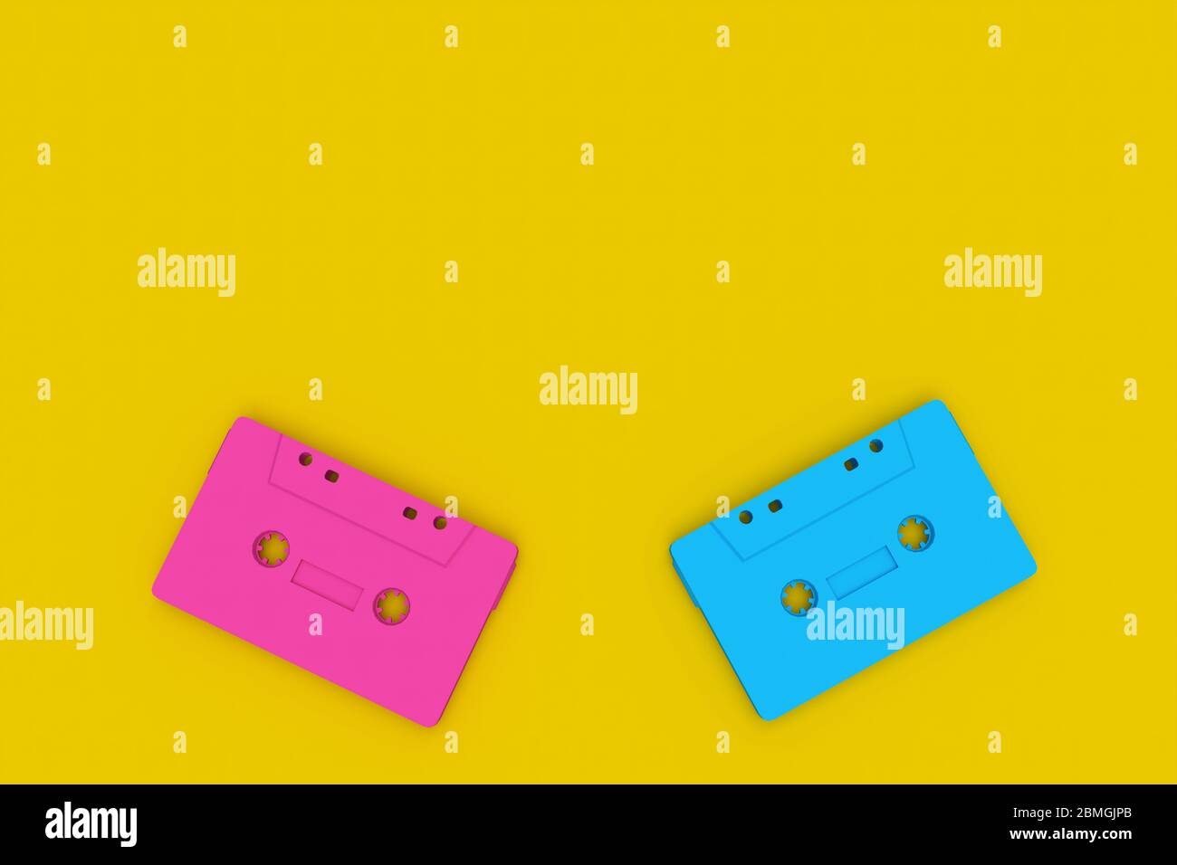 Blue pink cassette tape on against a yellow background in minimal flat style, 3D illustration. Stock Photo