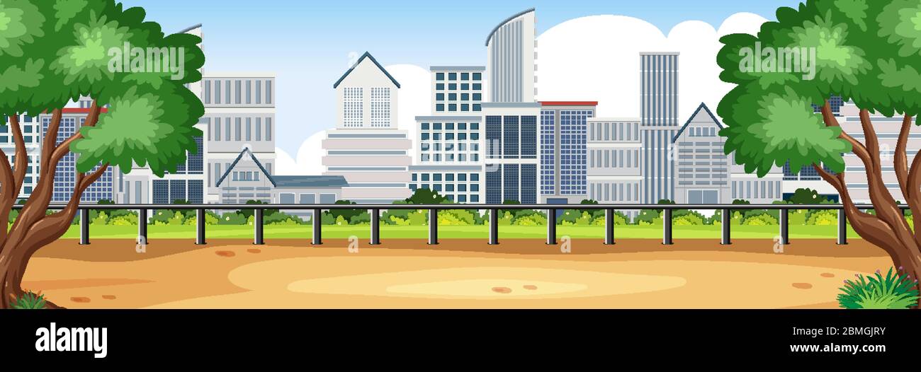 Background scene with buildings in the city and green park illustration ...