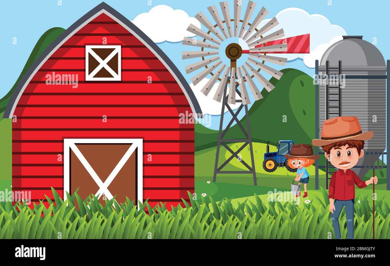 Farm scene with farmers working on the farm illustration Stock Vector ...