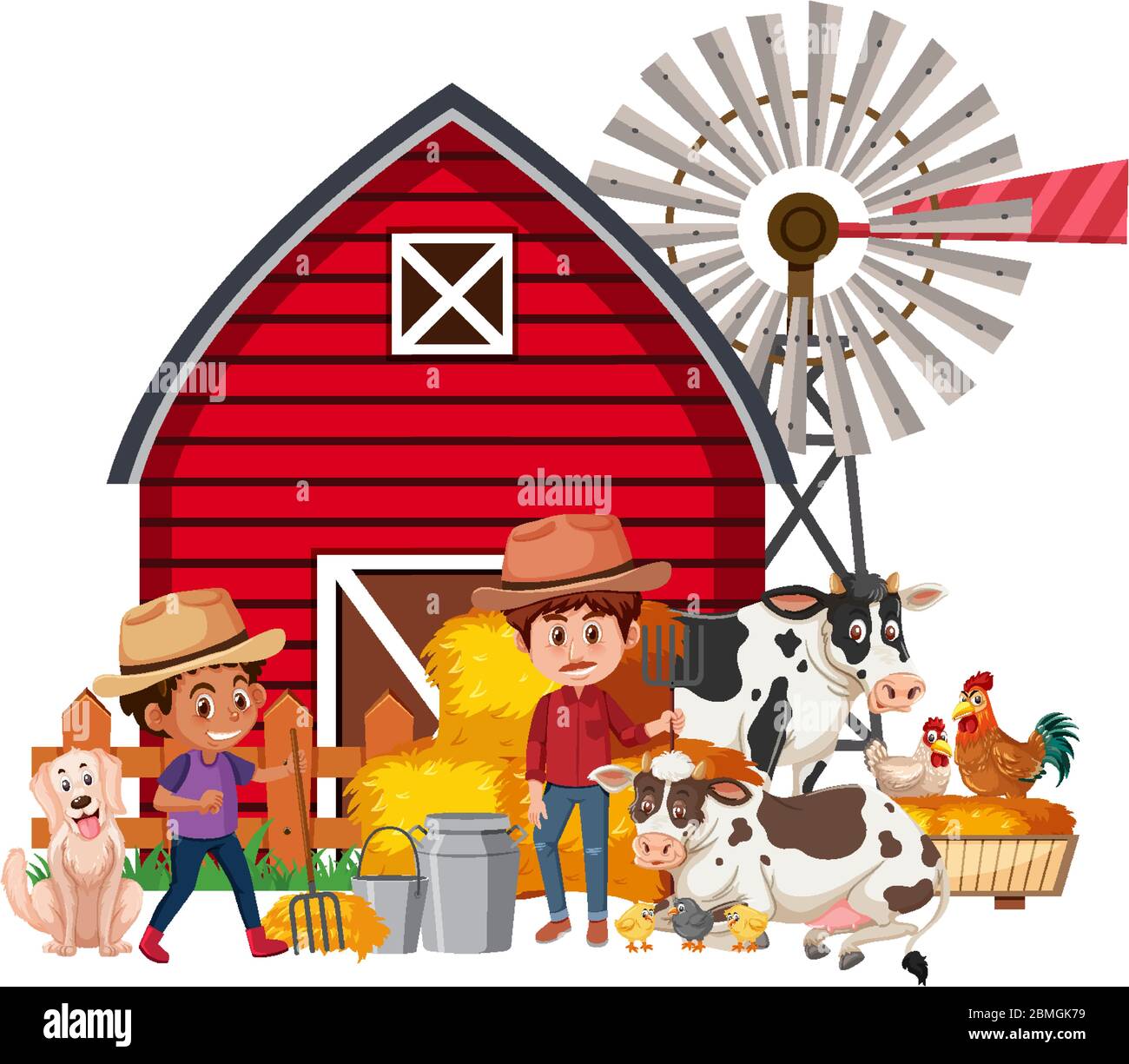 Scene with farmers and farm animals on the farm illustration Stock Vector