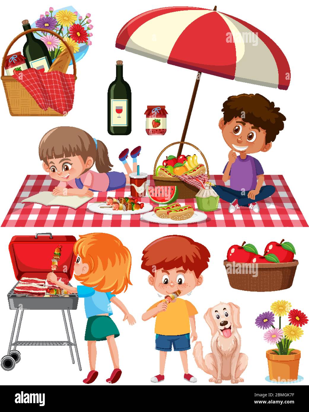 Picnic set with BBQ grill and food on white background illustration ...