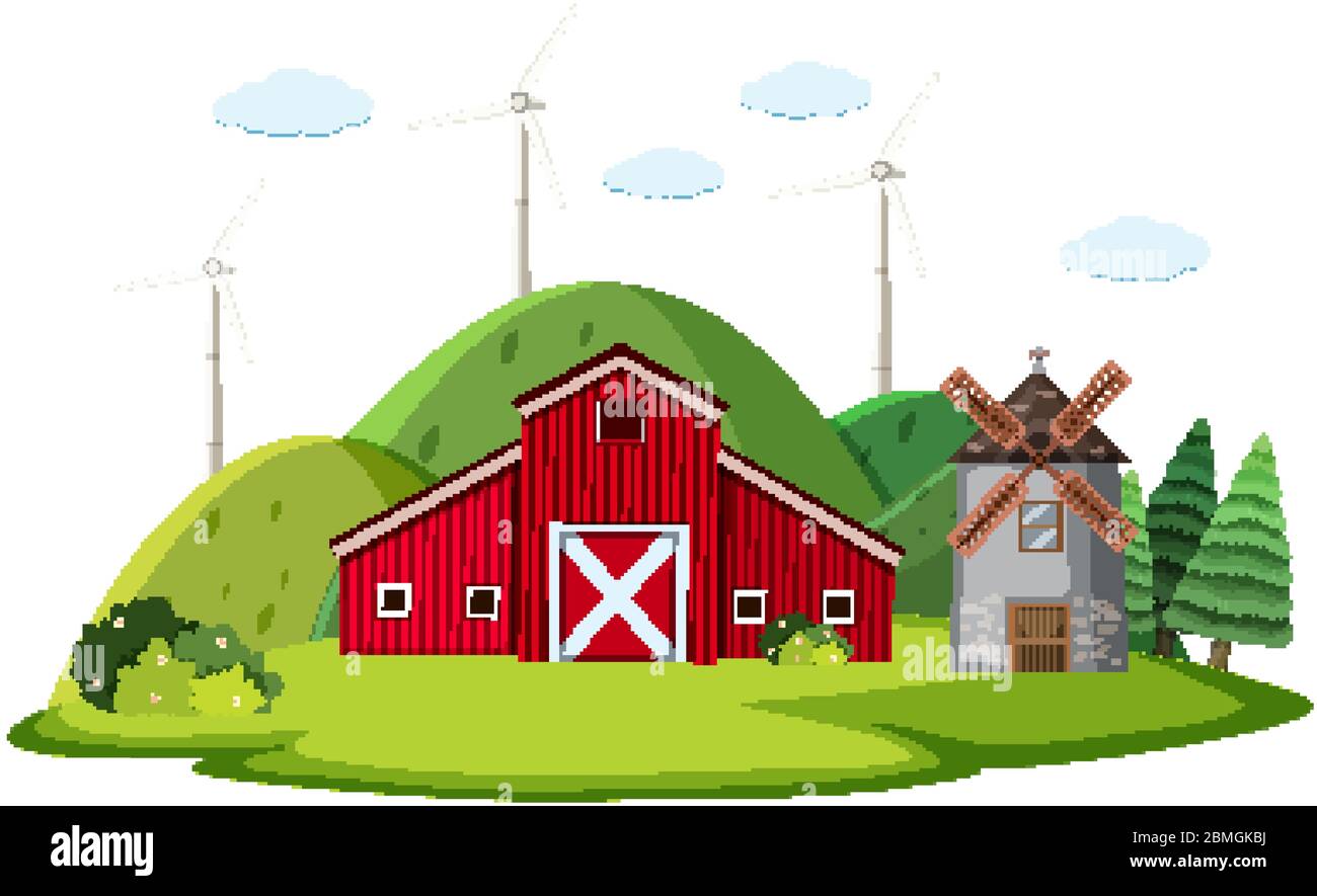 Scene with red barn and windmill on the farm illustration Stock Vector ...
