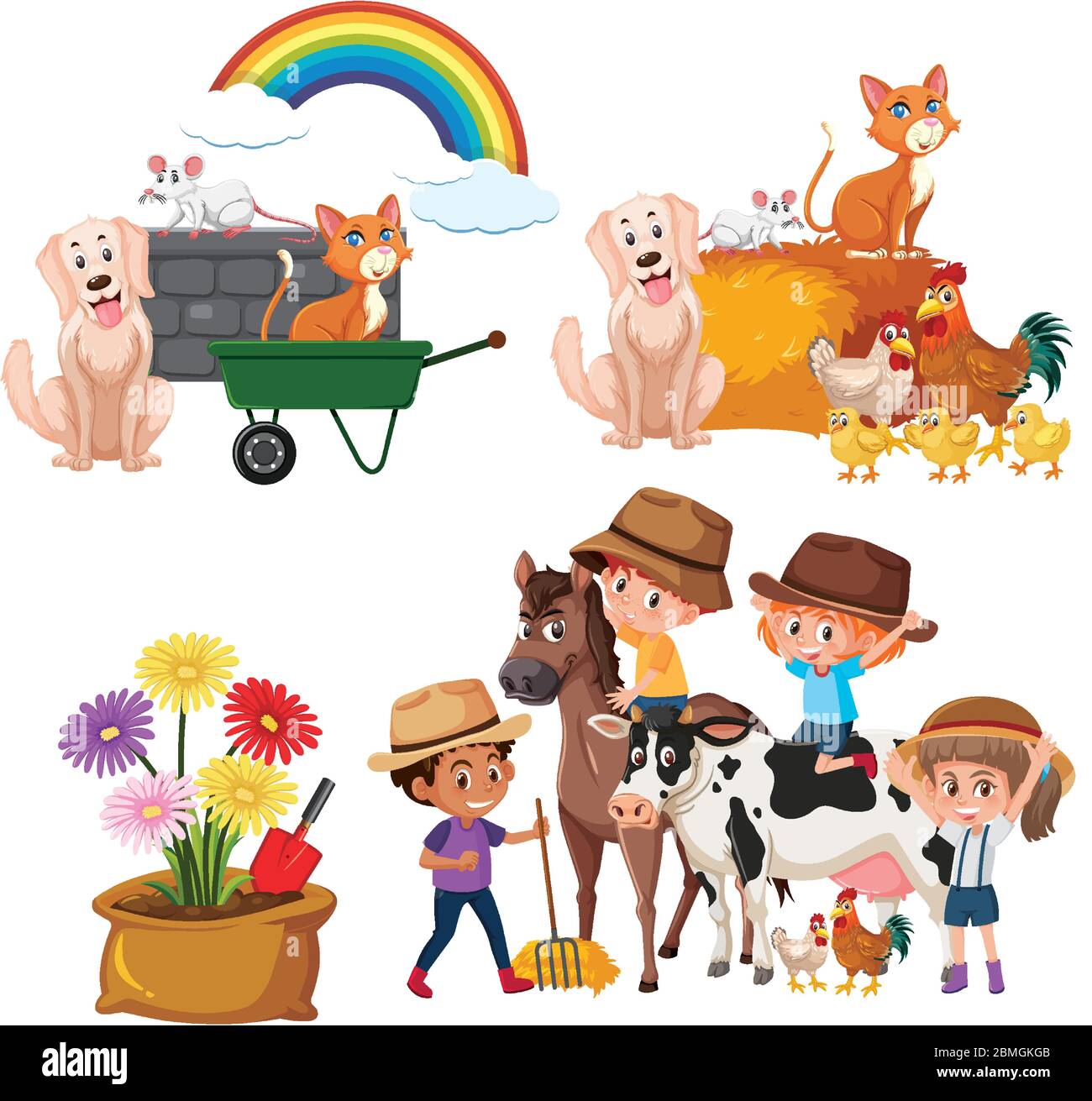 Set of children and farm animals on white background illustration Stock ...