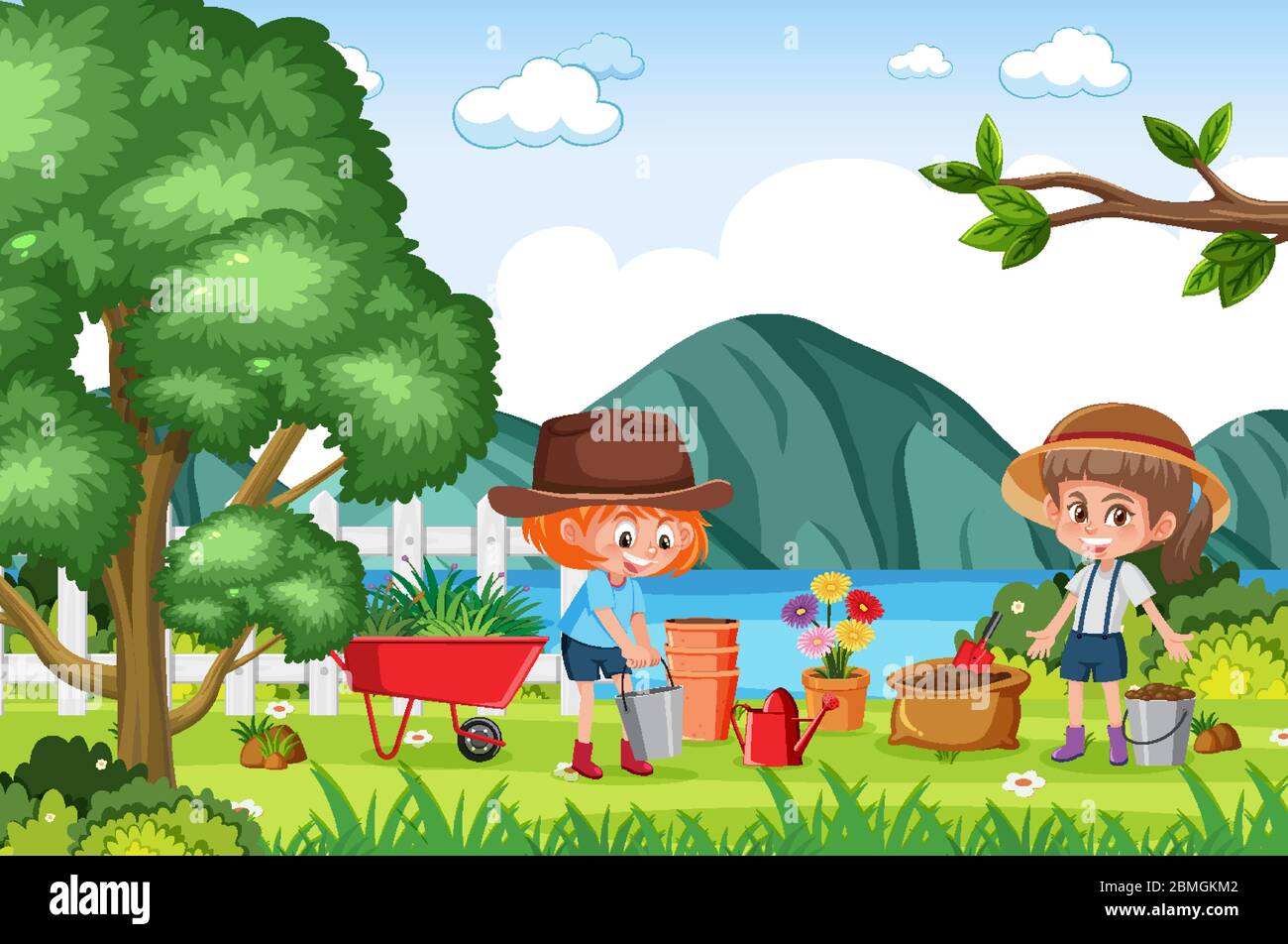 Background Scene With Kids Planting Flowers In The Park Illustration Stock Vector Image Art Alamy