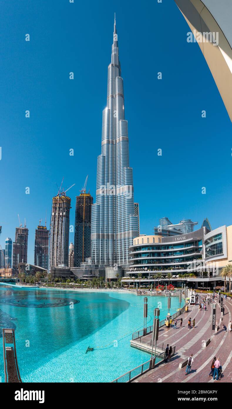 Dubai, UAE - January 25, 2020: The daytime view of Burj Khalifa and the Dubai Mall on January 25, 2020 in Dubai, UAE Stock Photo