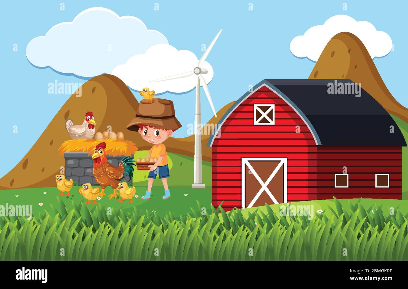 Farm scene with boy and chickens on the farm illustration Stock Vector ...