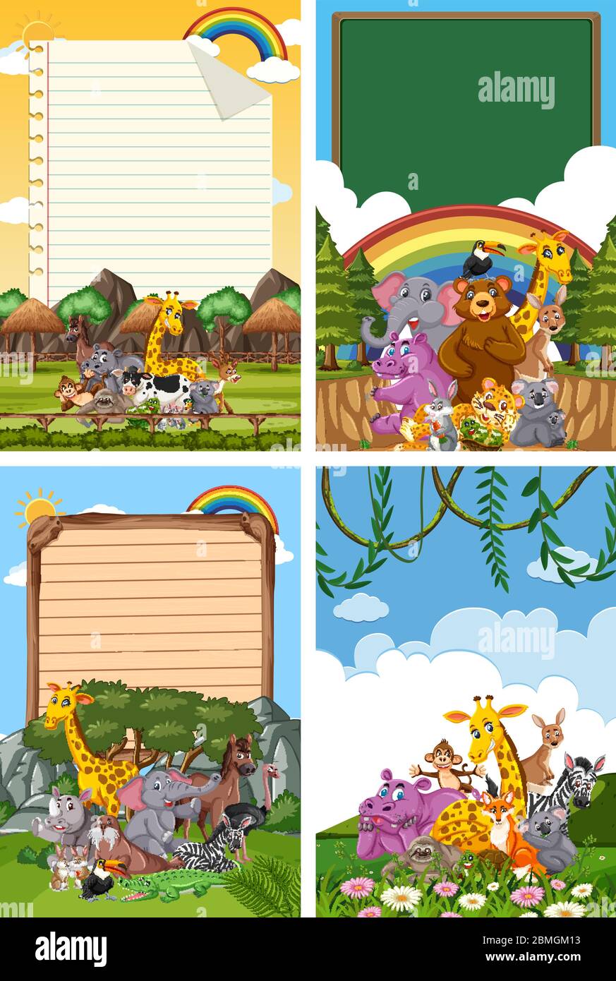 Border template design with many wild animals in background ...