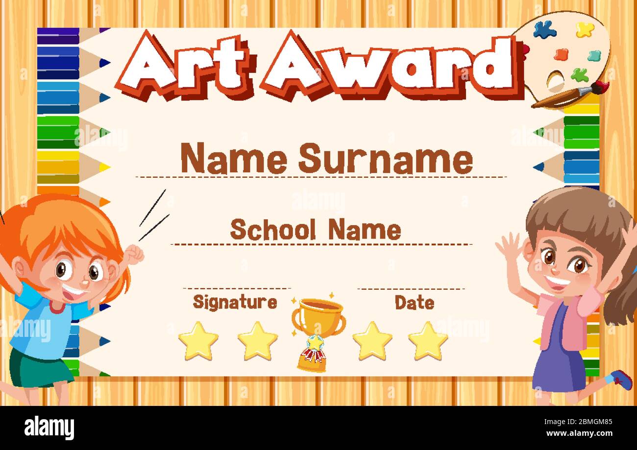 Certificate template for art award with kid painting in background