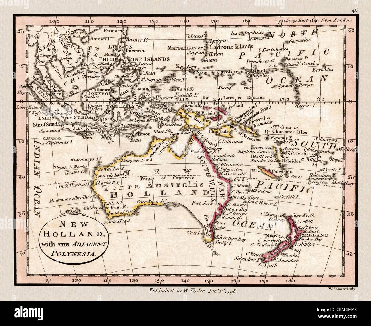 'New Holland [Australia] with the Adjacent Polynesia.' Map of Australia, New Zealand and other geographical areas shown in this map depicting the area in 1798, This is a beautifully detailed historic map reproduction. Original from a British atlas published by famed cartographer William Faden. Stock Photo