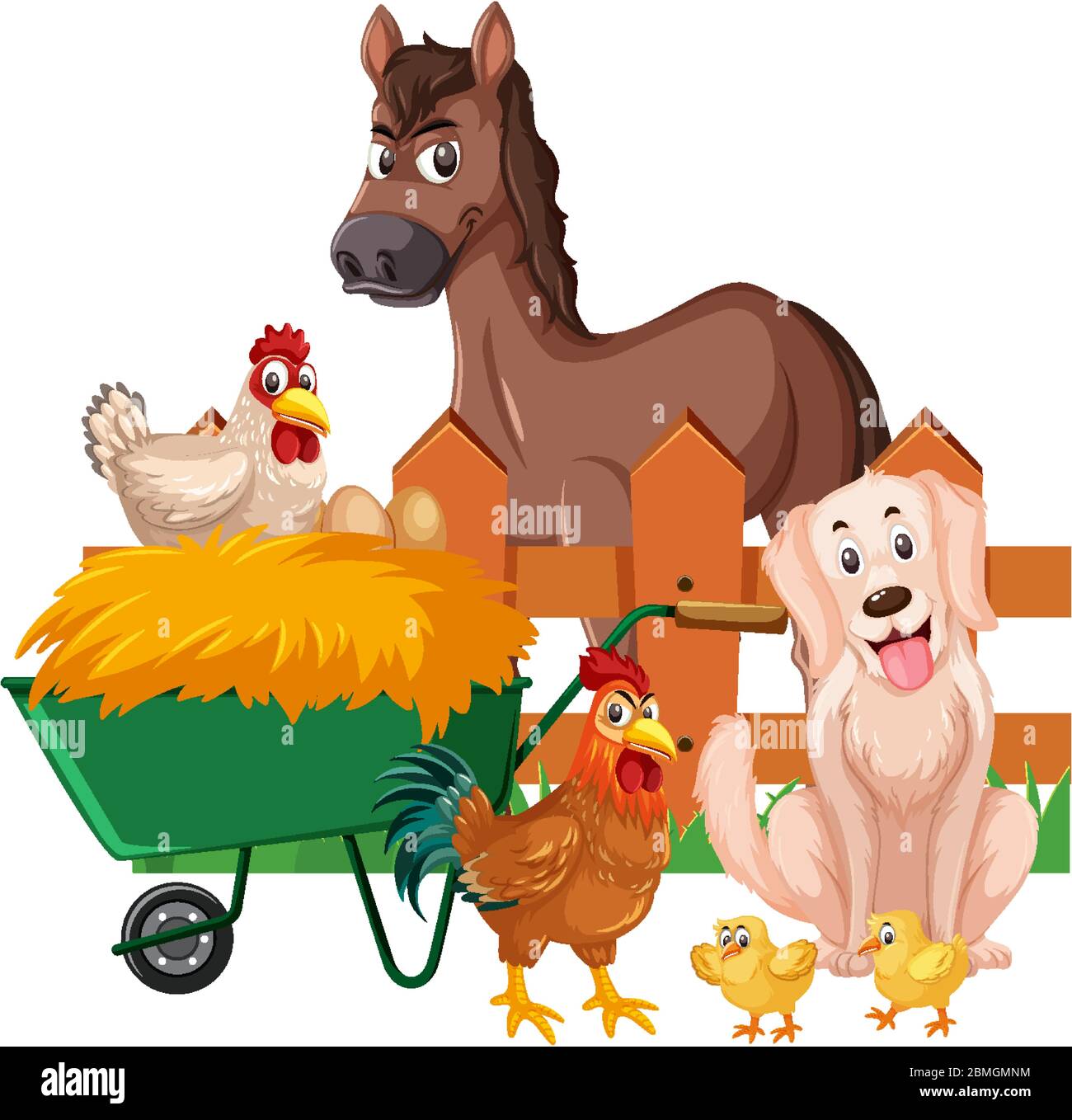 Farm animals and hay on white background illustration Stock Vector