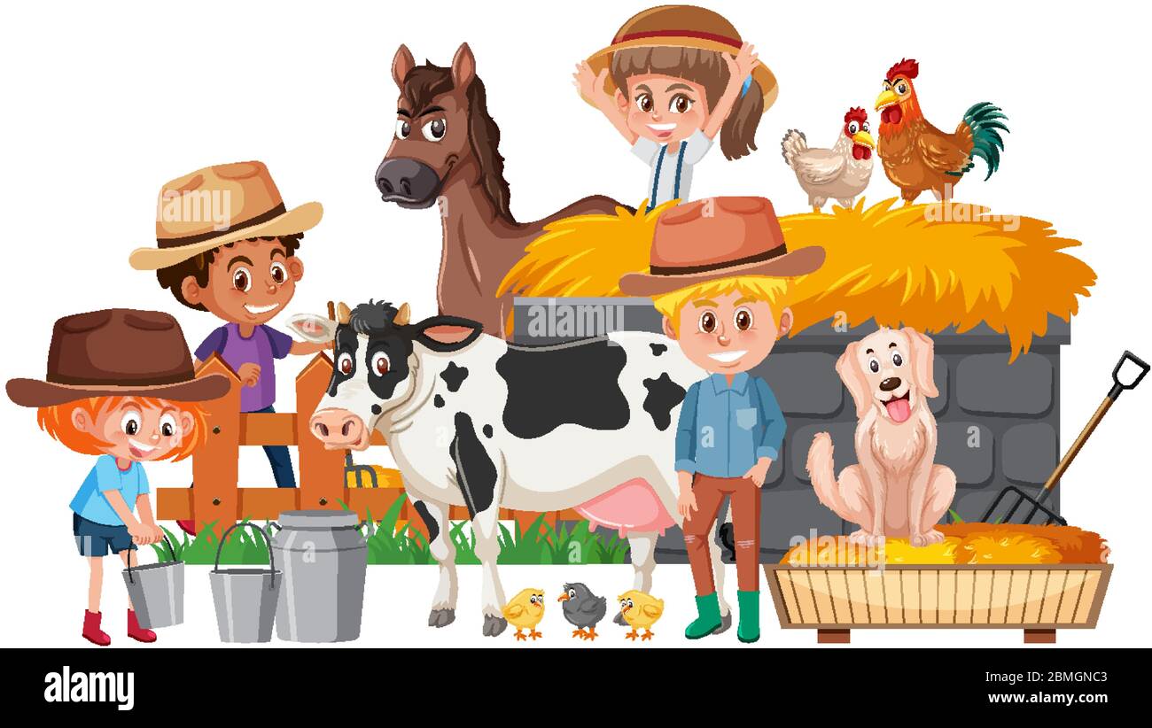 Scene with many kids and farm animals on the farm illustration Stock ...