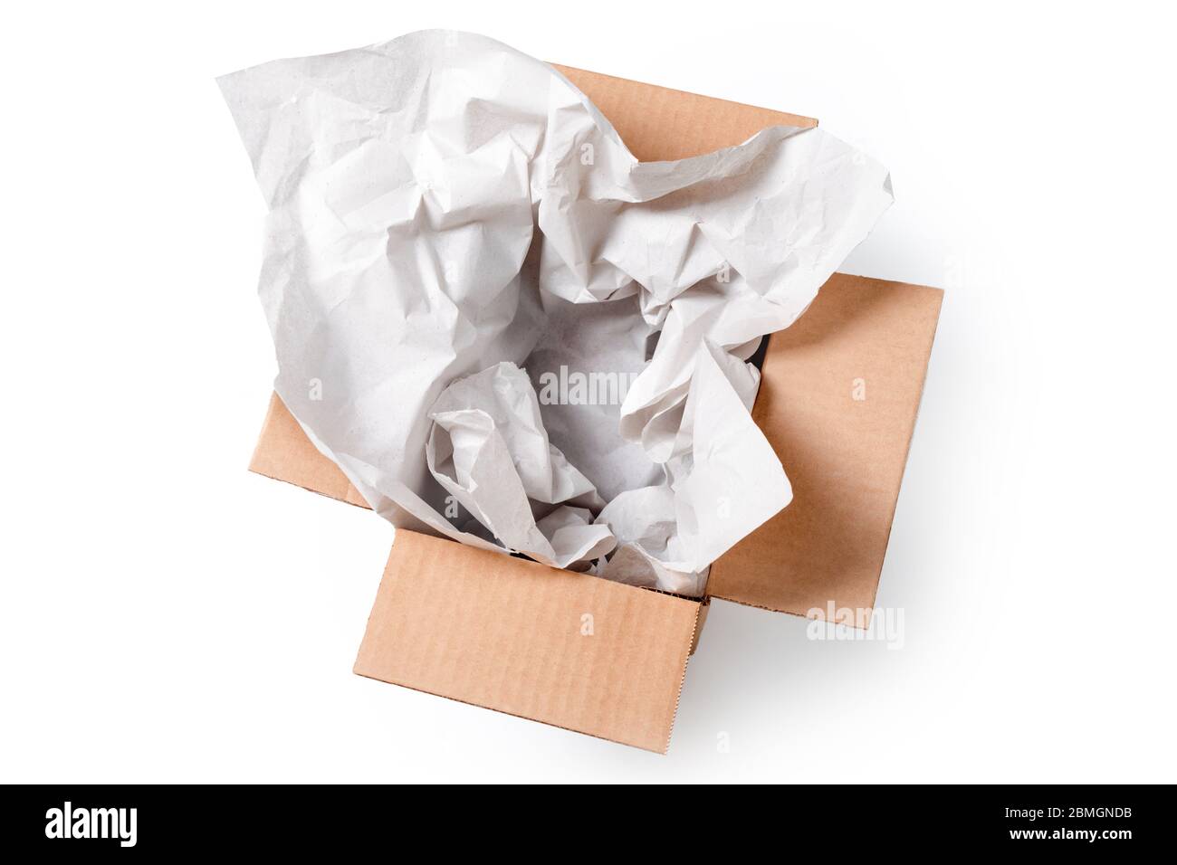 Open empty rectangular cardboard box with wrapping paper isolated on