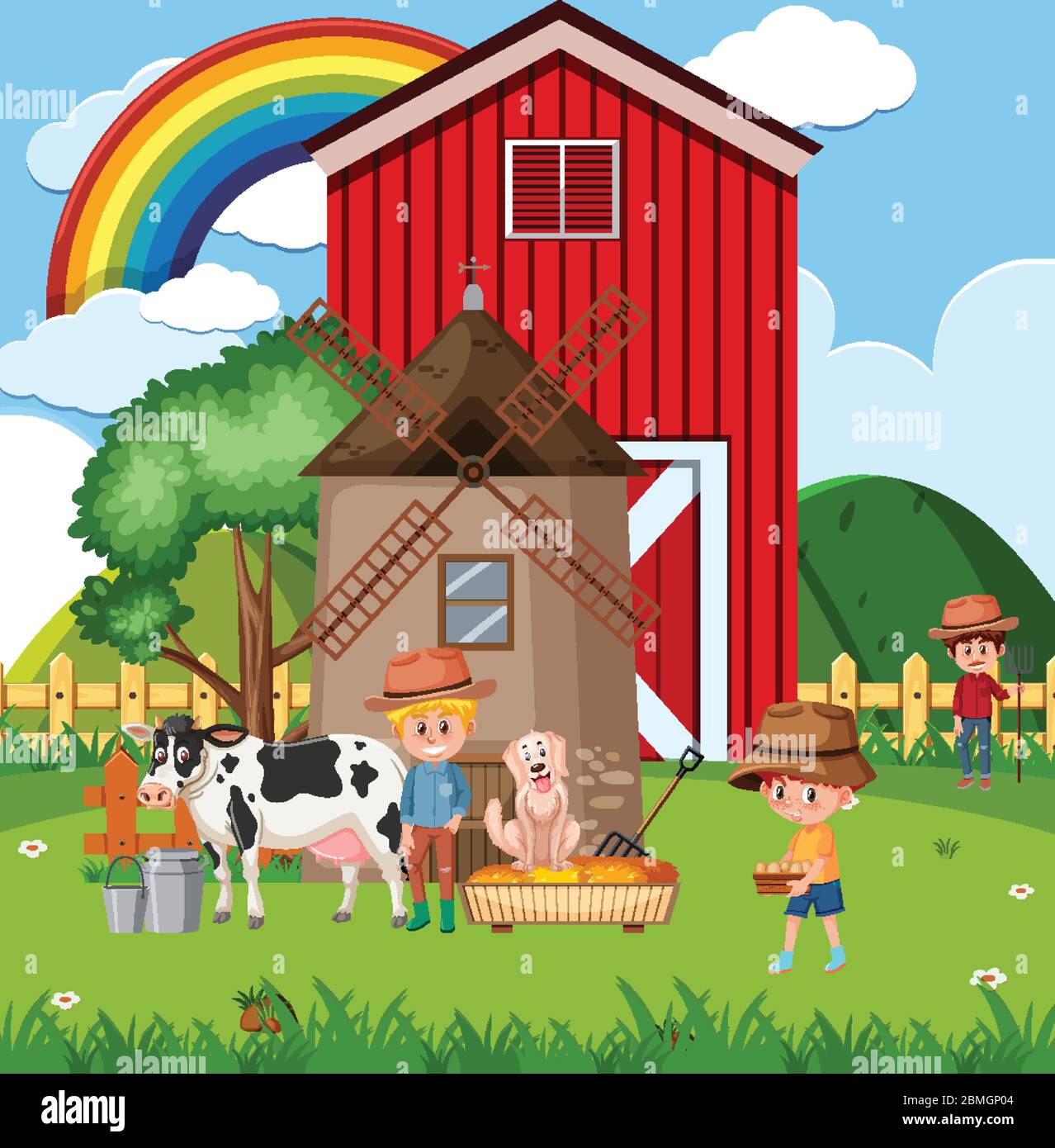 Farm scene with farmes and animals on the farm illustration Stock ...