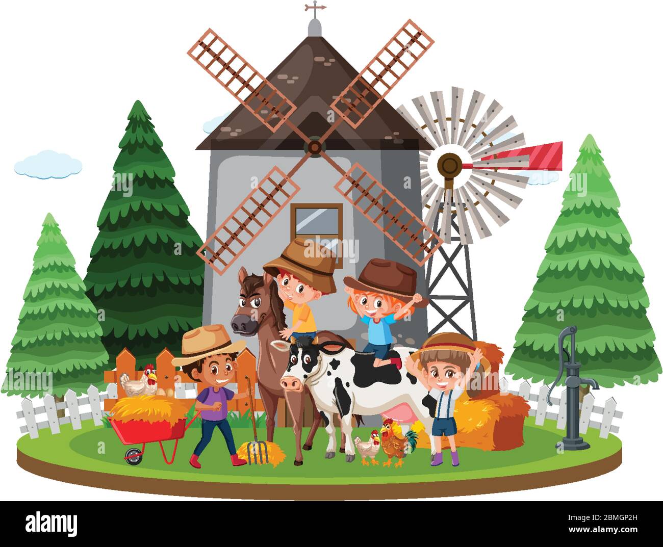 Farm scene with many kids and animals on the farm illustration Stock ...