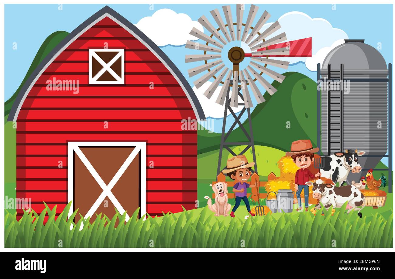 Farm scene with farmer and animals on the farm illustration Stock ...