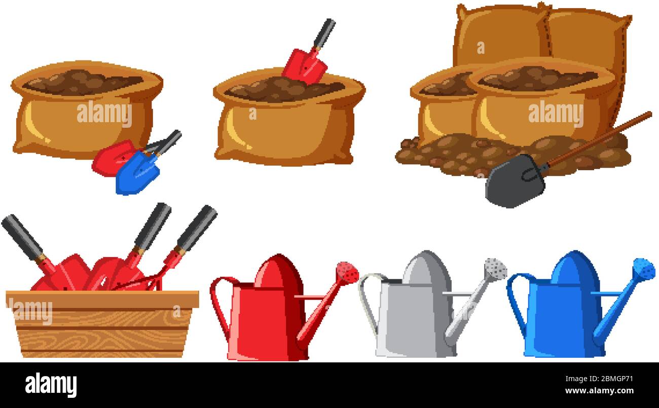 Gardening set with soil and watering can illustration Stock Vector ...