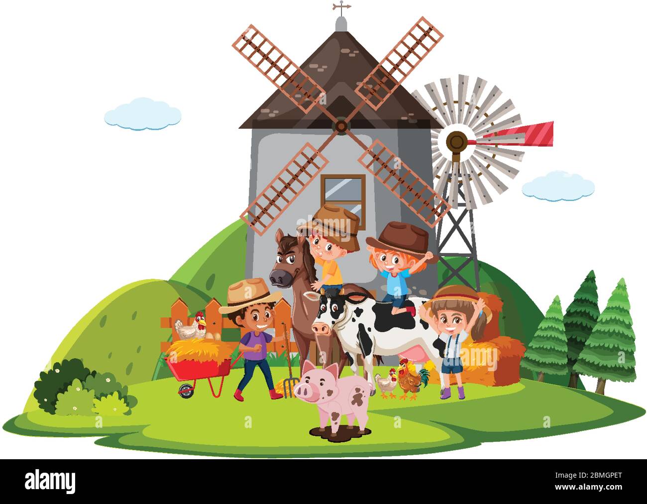Farm scene with many children and animals on the farm illustration ...