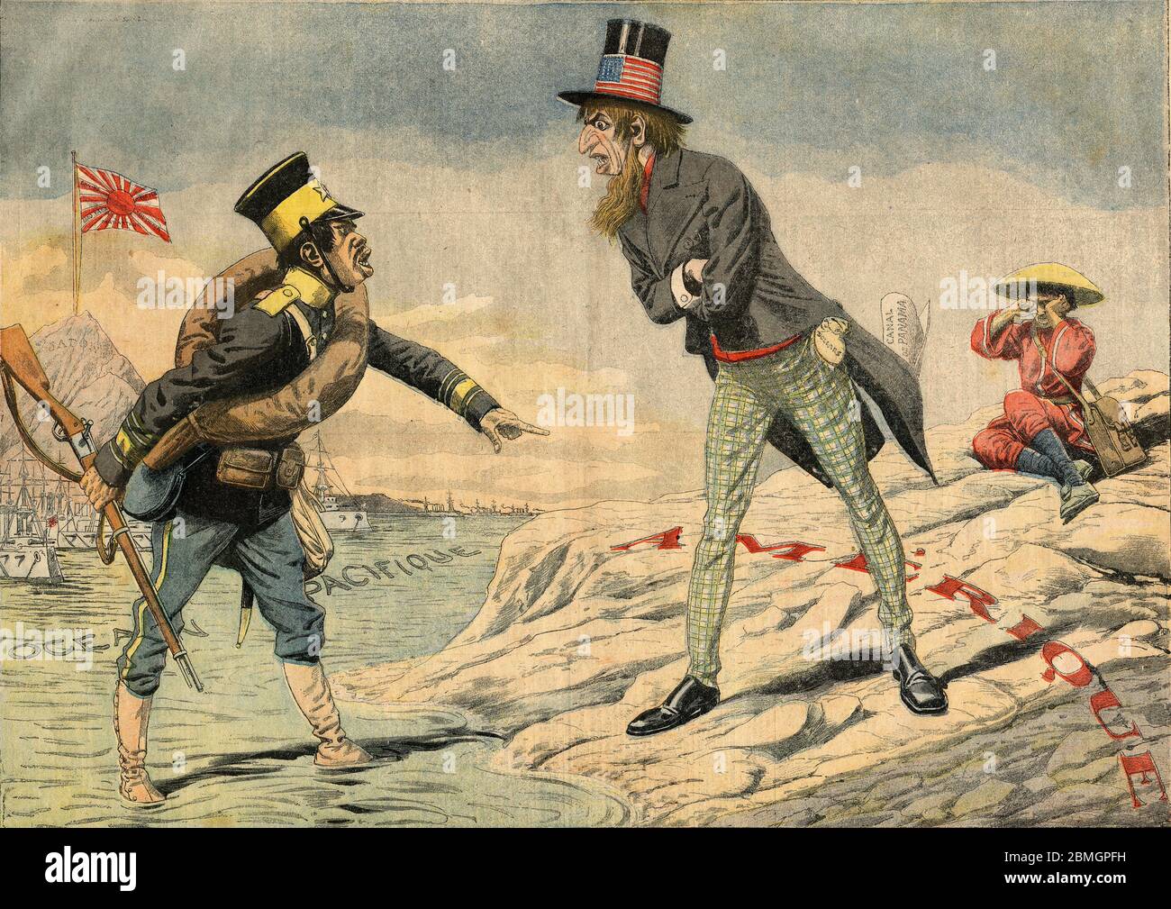 [ 1900s Japan - US-Japan Diplomatic Crisis in 1906 ] —   Caricature of the diplomatic crisis between Japan and the United States after the San Francisco Board of Education in 1906 (Meiji 39) enacted a measure to send Japanese and Chinese children to segregated schools. This violated a US-Japanese treaty signed in 1894 (Meiji 27).  Illustration published in the prominent French newspaper Le Petit Parisien on December 16, 1906 (Meiji 39). The original caption said, 'Blanc Contras Jaunes' (White against Yellow).  20th century vintage newspaper illustration. Stock Photo